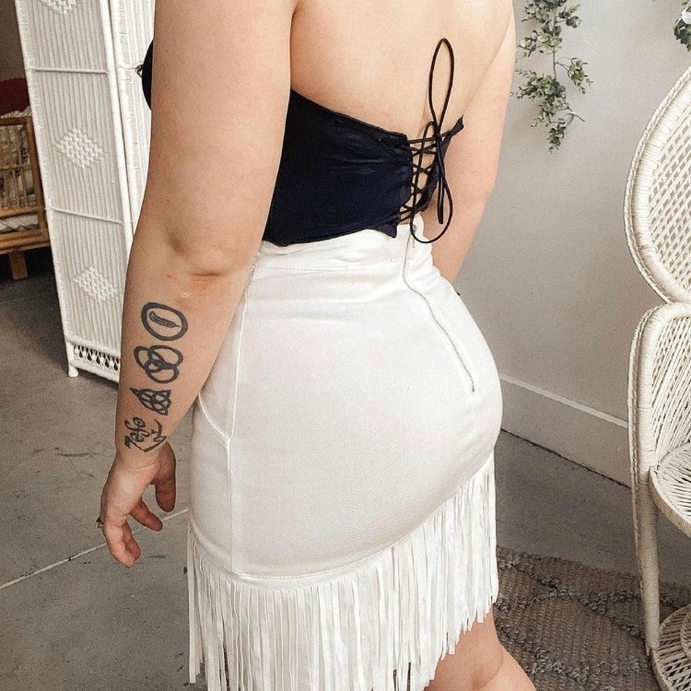 White high waisted fringe jean skirt
